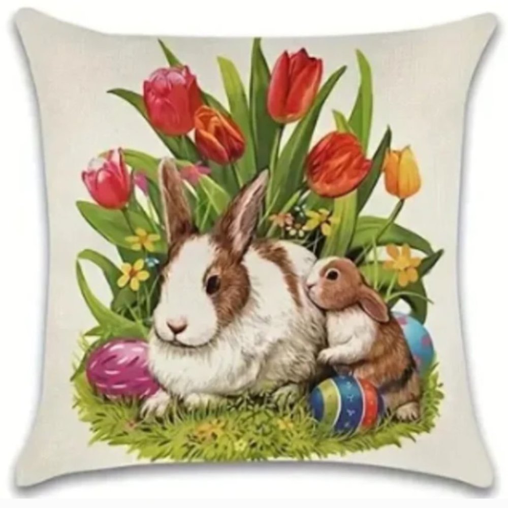 NEW LINEN BLEND EASTER/NURSERY BUNNY RABBITS FLORAL DECOR PILLOW COVER 17.7"